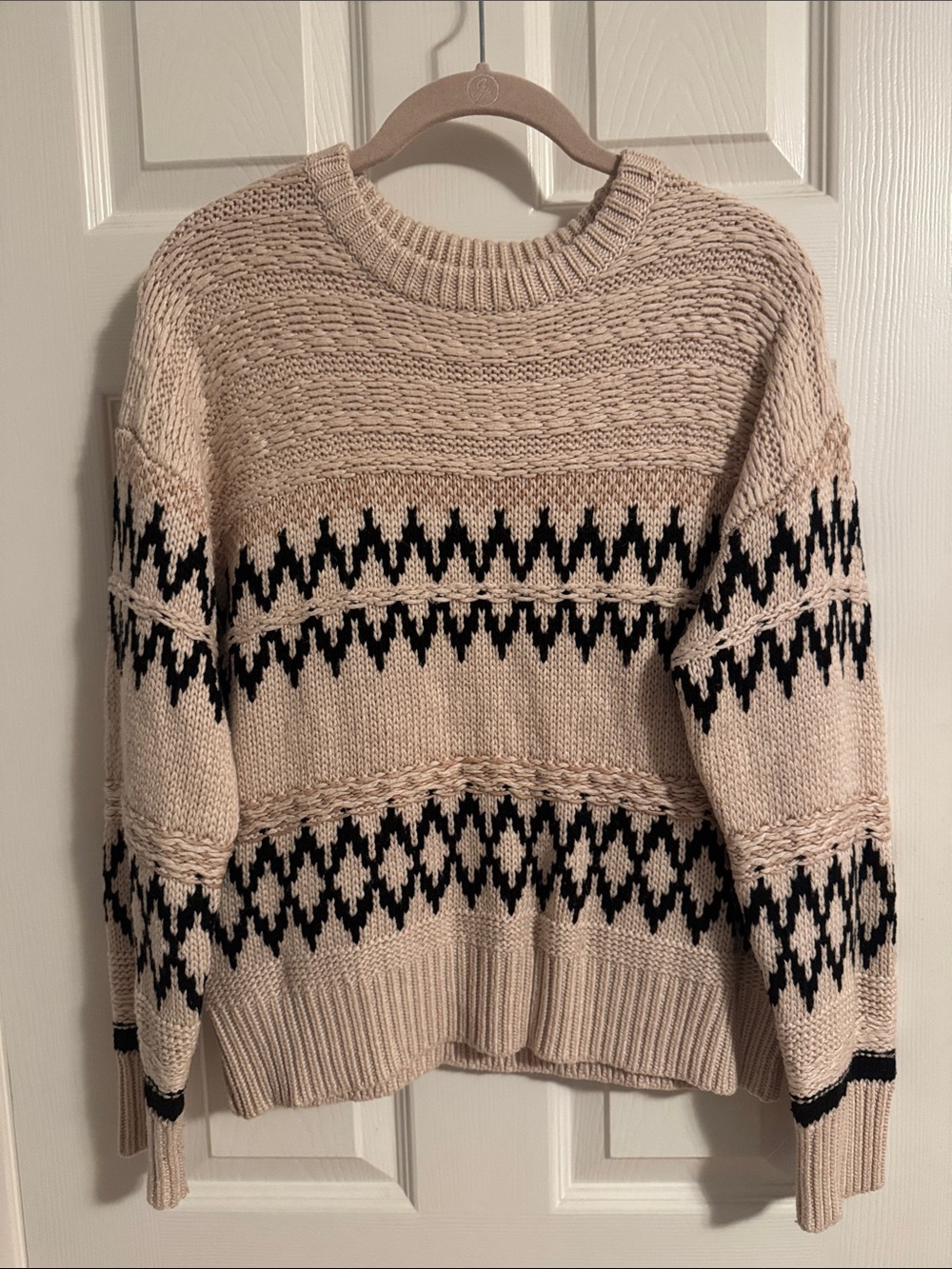 Skies Are Blue Beige and Black Fair Isle Crewneck Sweater